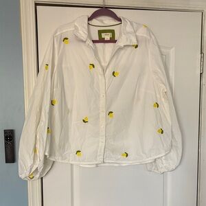 Anthropologie Maeve Yellow and White Lemon Embroidered Classic Button Up Shirt
